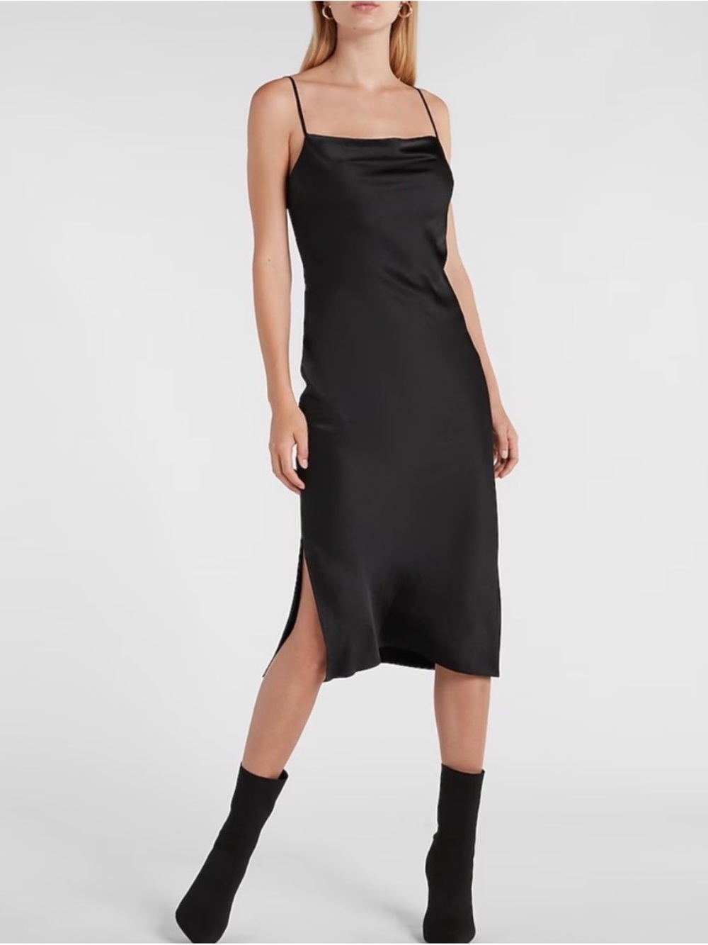 Express Black Slip Midi Dress with Cowl Neck